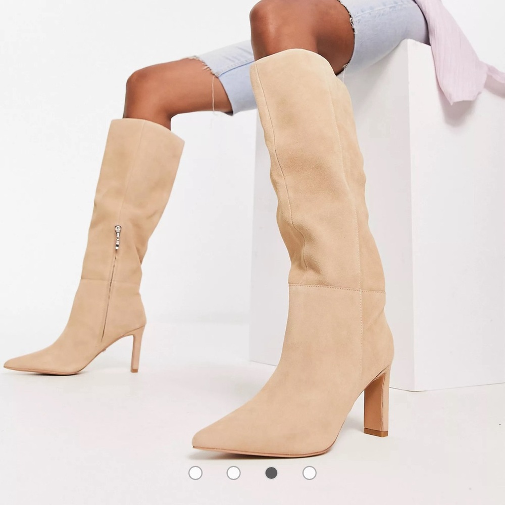 NA-KD suede stiletto knee-high boots in beige